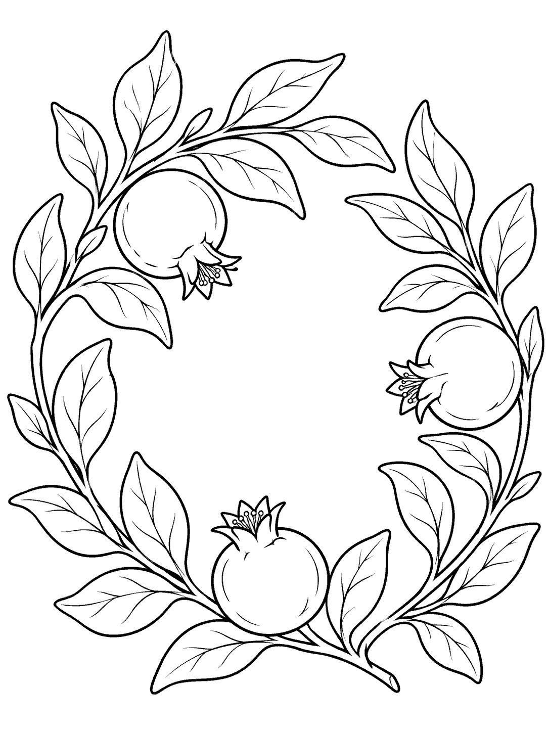 Black outline coloring page of a circular pomegranate wreath with curved branches, broad leaves, and three whole fruits with visible crowns.