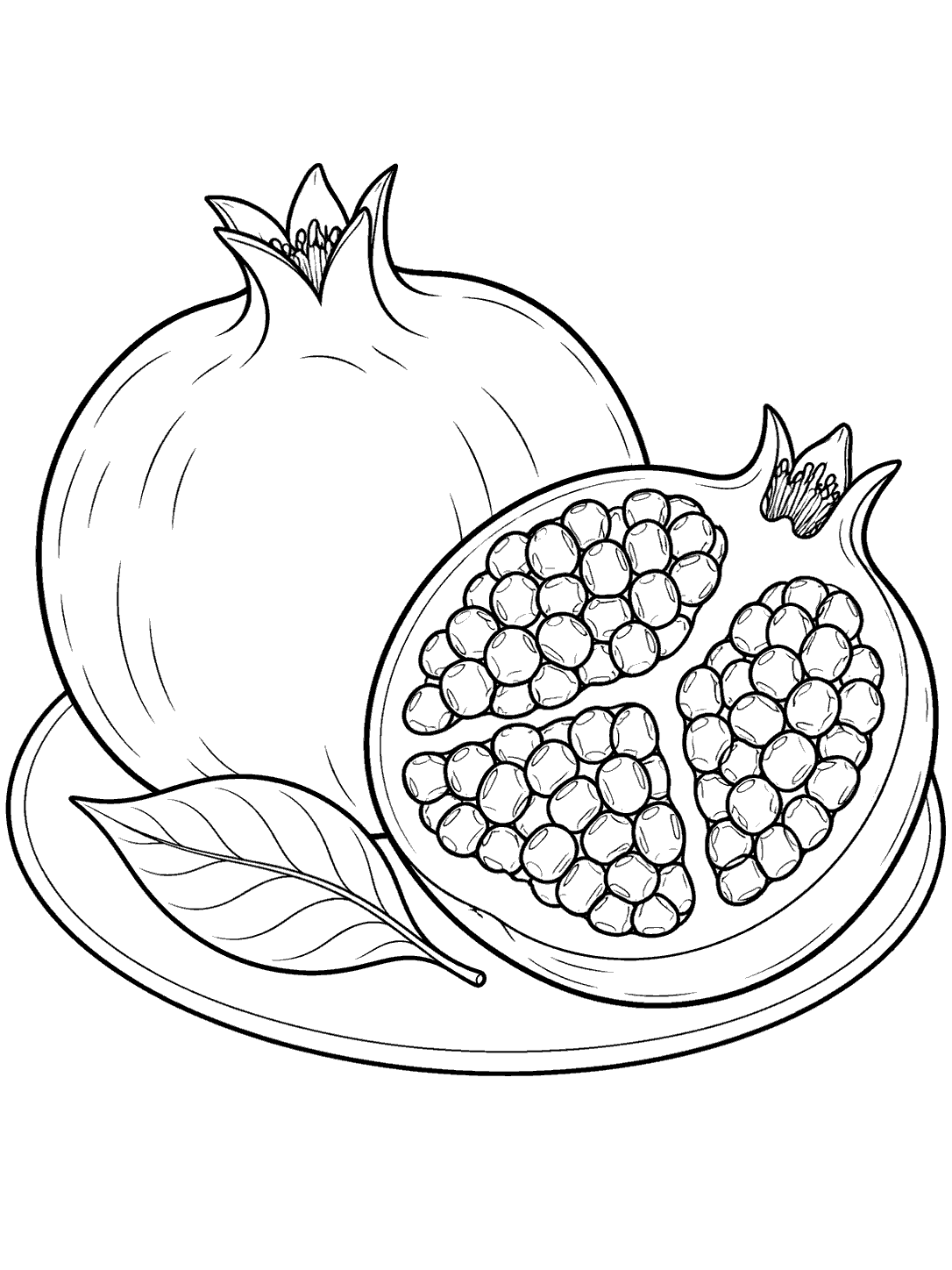 Black outline illustration of a whole pomegranate and a seed-filled half on a plain oval plate with one leaf.