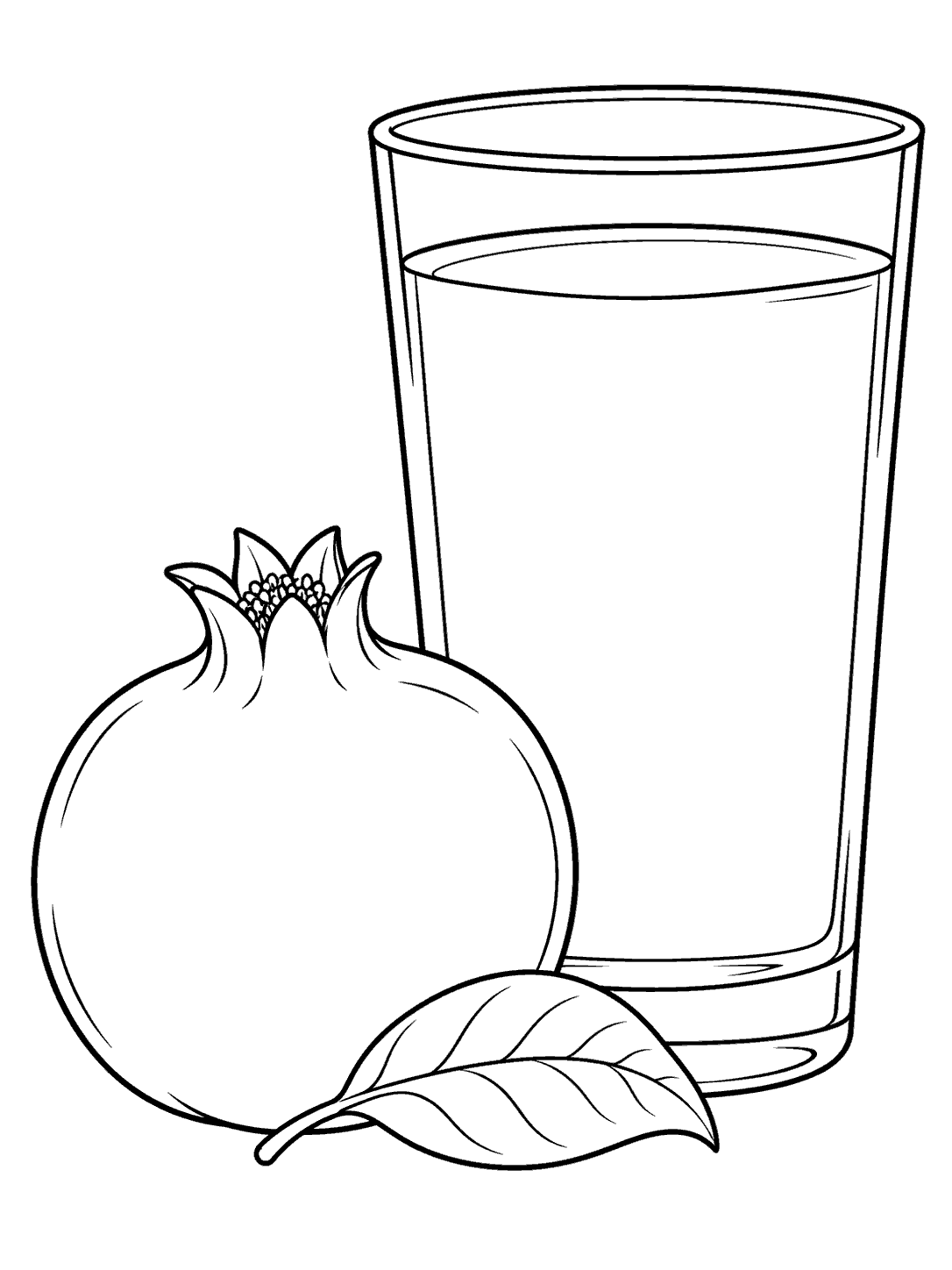 A tall glass filled with juice beside a whole pomegranate and a leaf.