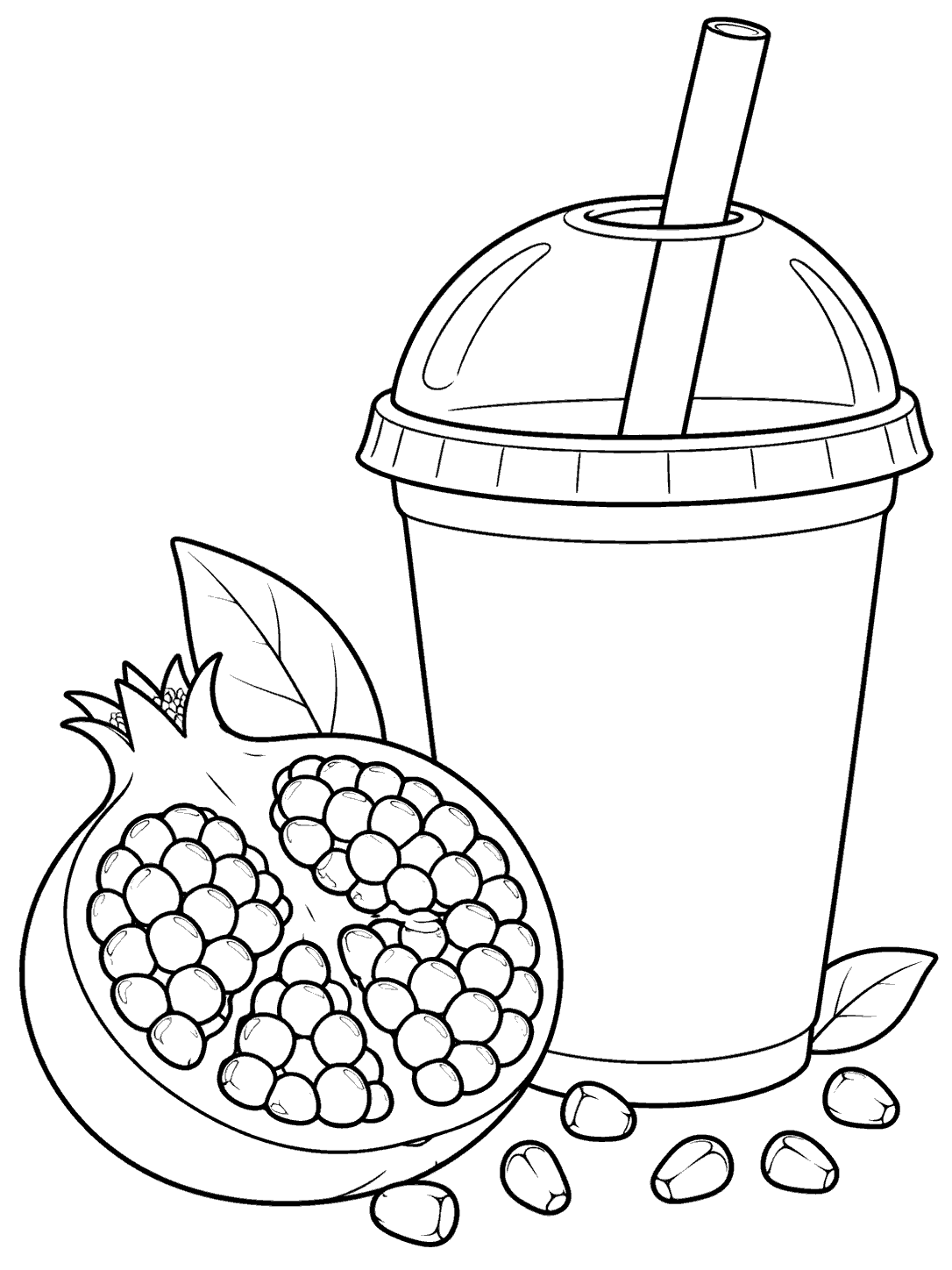 Black outline coloring page showing a plain domed-lid smoothie cup with a straw beside a cut pomegranate half, leaves, and loose seeds.