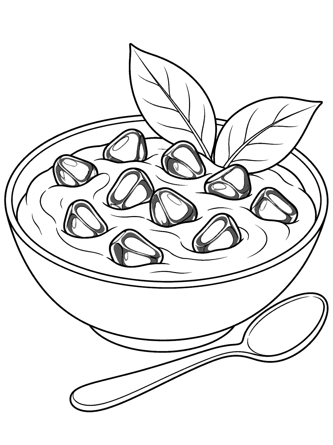 A shallow bowl of yogurt topped with separated pomegranate arils and two broad leaves, with a spoon resting beside it.
