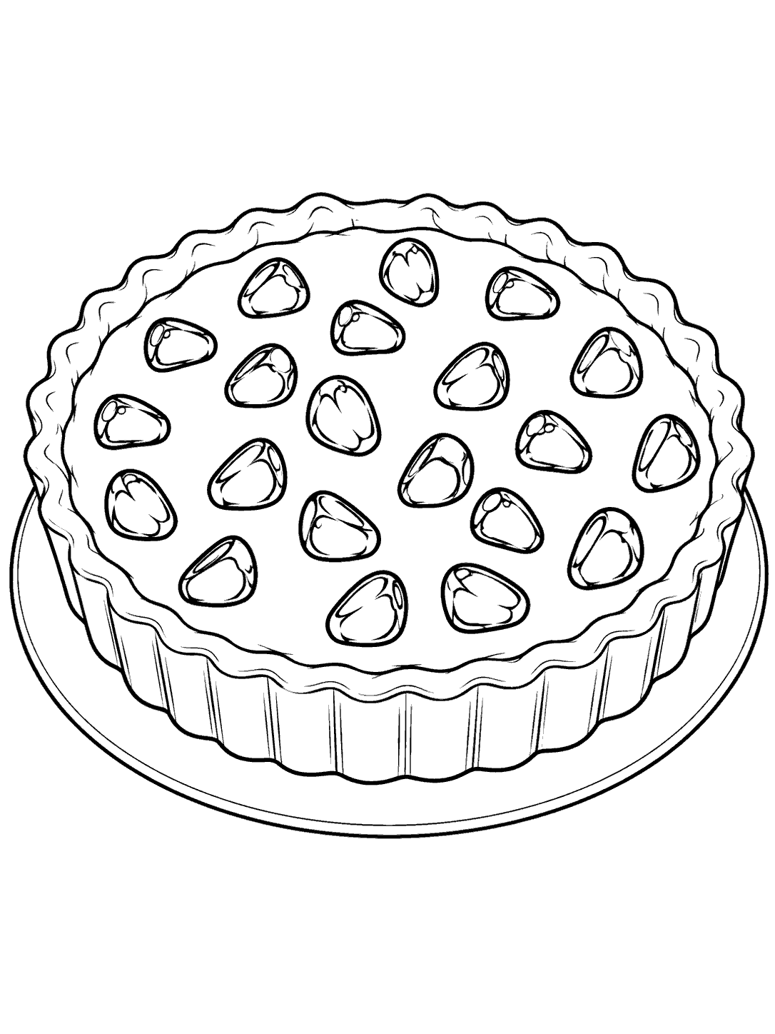 Black outline coloring page of a round fluted tart with scattered pomegranate arils on a plain plate.