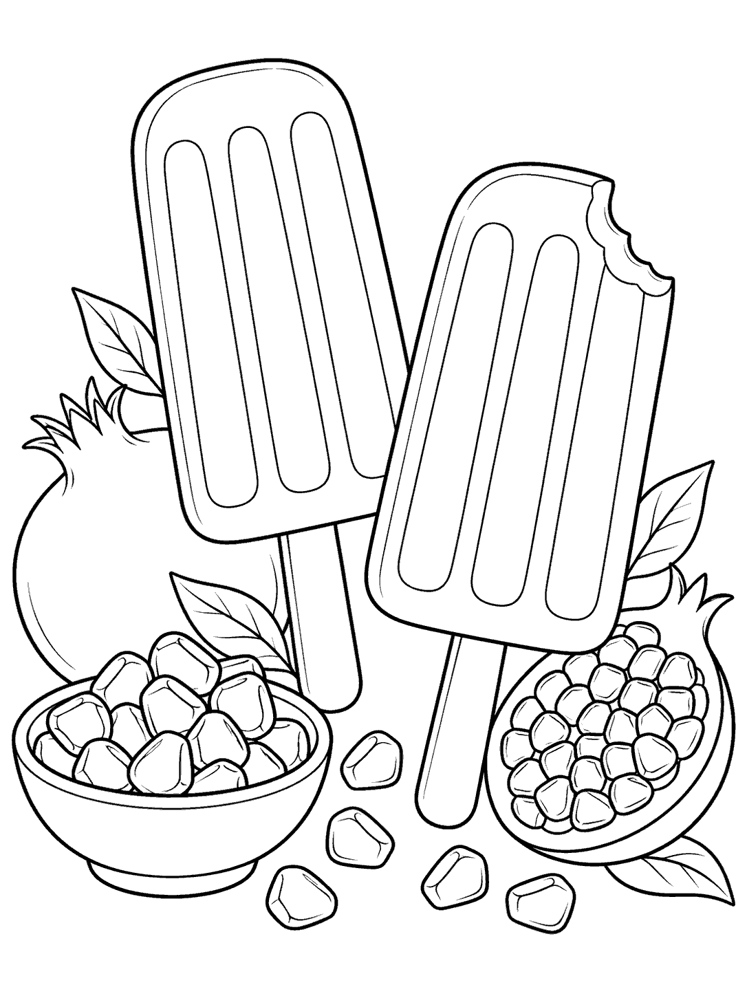 Two pomegranate popsicles, one whole and one bitten, beside a bowl of arils and a whole pomegranate.
