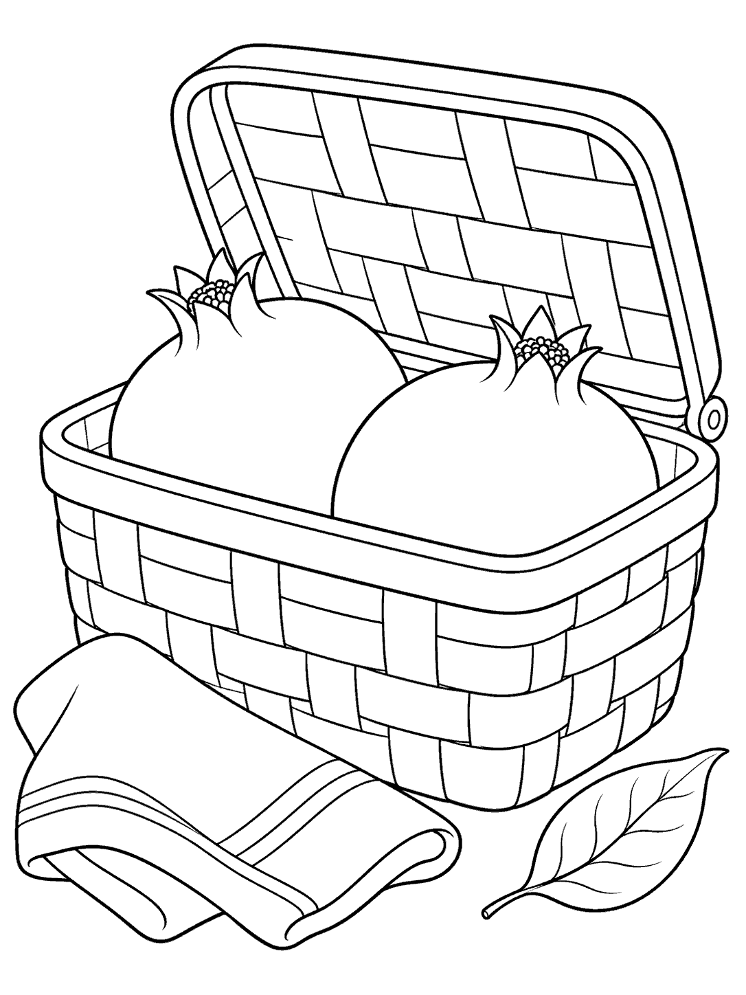 Black outline coloring page of two whole pomegranates with visible crowns in an open picnic basket, with a folded cloth and a leaf nearby.