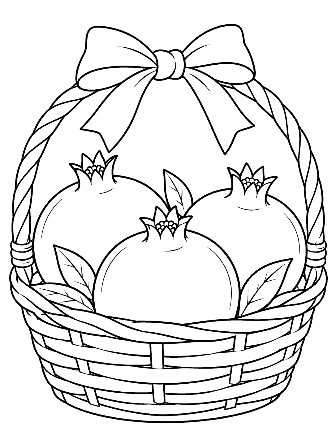 Three crowned pomegranates sit in a woven handled basket with a large bow.