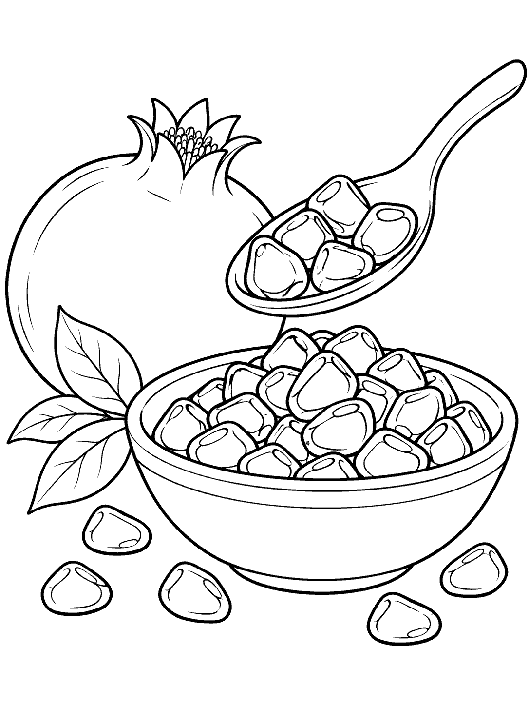 A large spoon holding pomegranate arils above a bowl full of seeds, with a whole pomegranate and loose arils nearby.