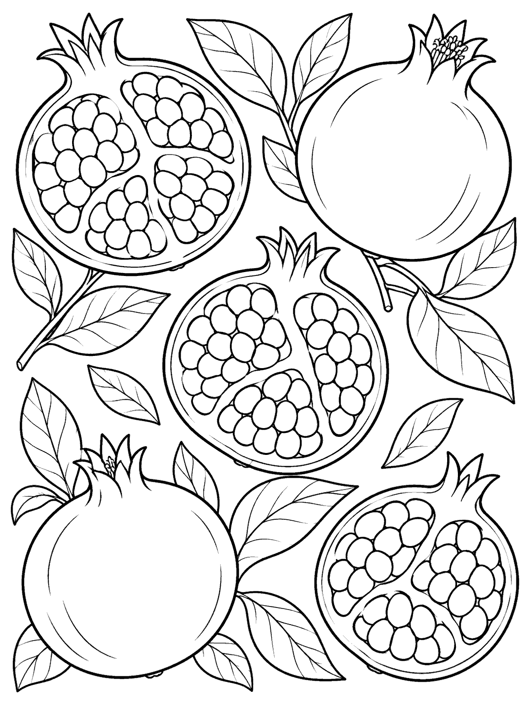 A bold repeating pattern of pomegranate halves and leaves, with whole fruits and broad leaves.