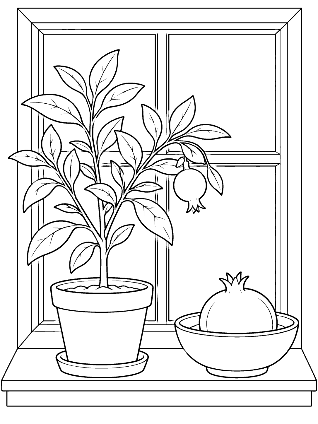 Black-and-white coloring page showing a potted pomegranate sapling with one small hanging fruit and a bowl holding a whole pomegranate on a kitchen windowsill.