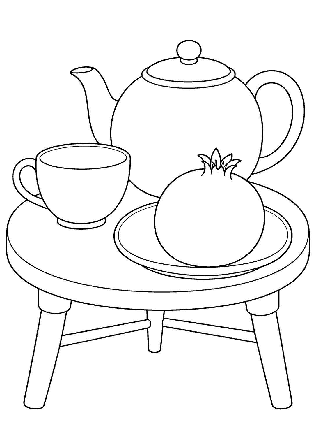 A simple teapot, cup, and whole pomegranate on a small table.