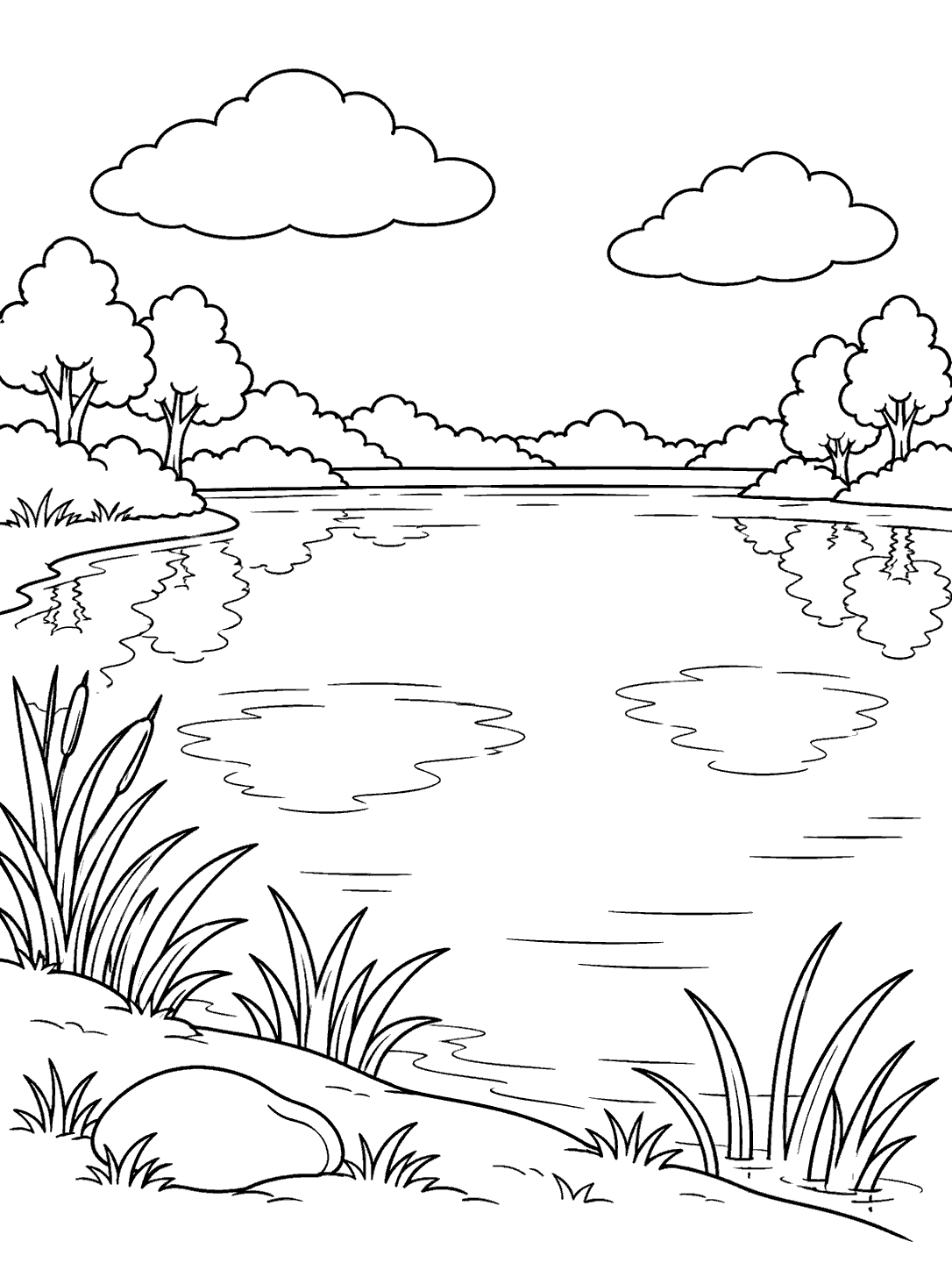 Black-outline pond coloring page with two clouds, open water, shoreline grasses, trees, and a smooth stone.