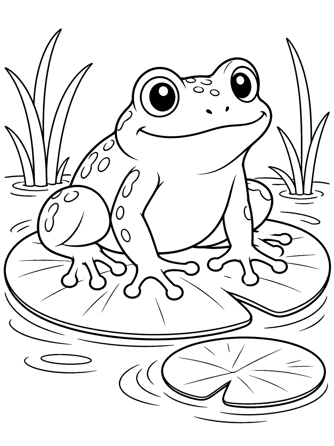 Black-outline pond coloring page showing a large frog on a broad lily pad, with a smaller pad, reeds, and water rings.