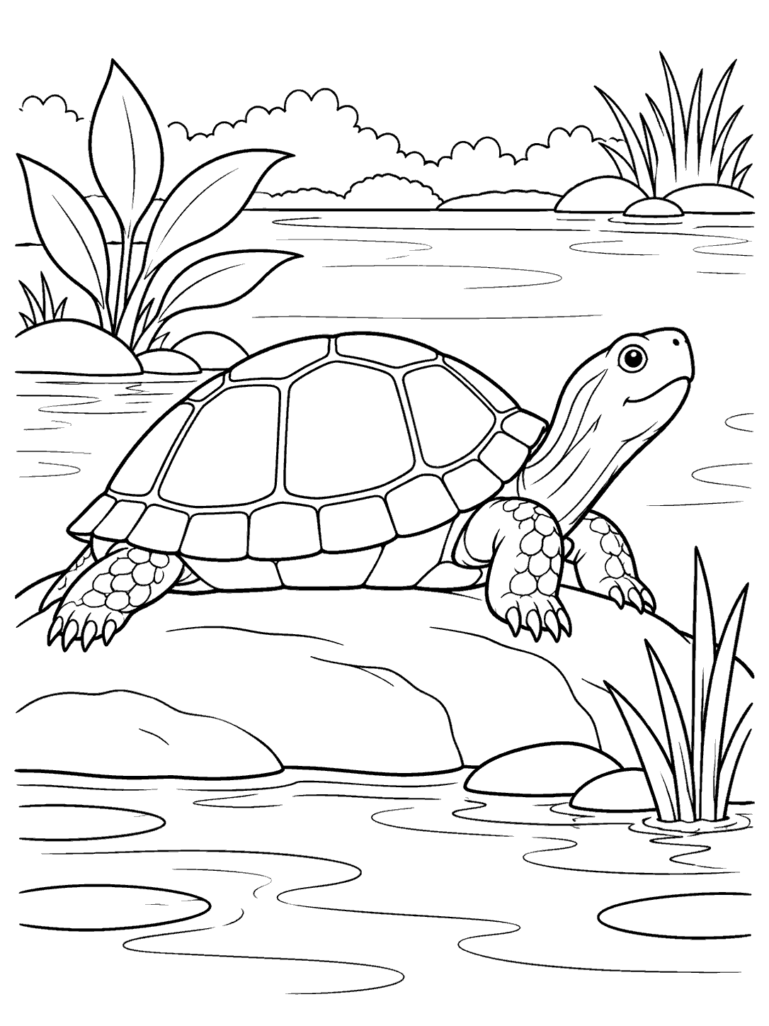 Black-outline coloring page showing a segmented-shell turtle resting on a low rock beside a pond, with plants and rippling water.