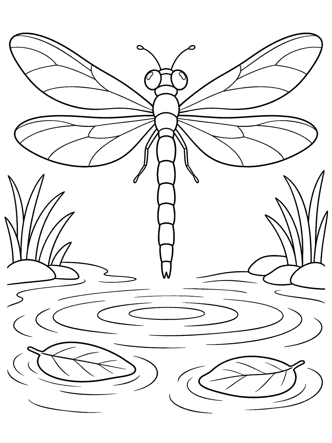 Portrait pond coloring page showing a large four-winged dragonfly above ripples, reeds, and two floating leaves.