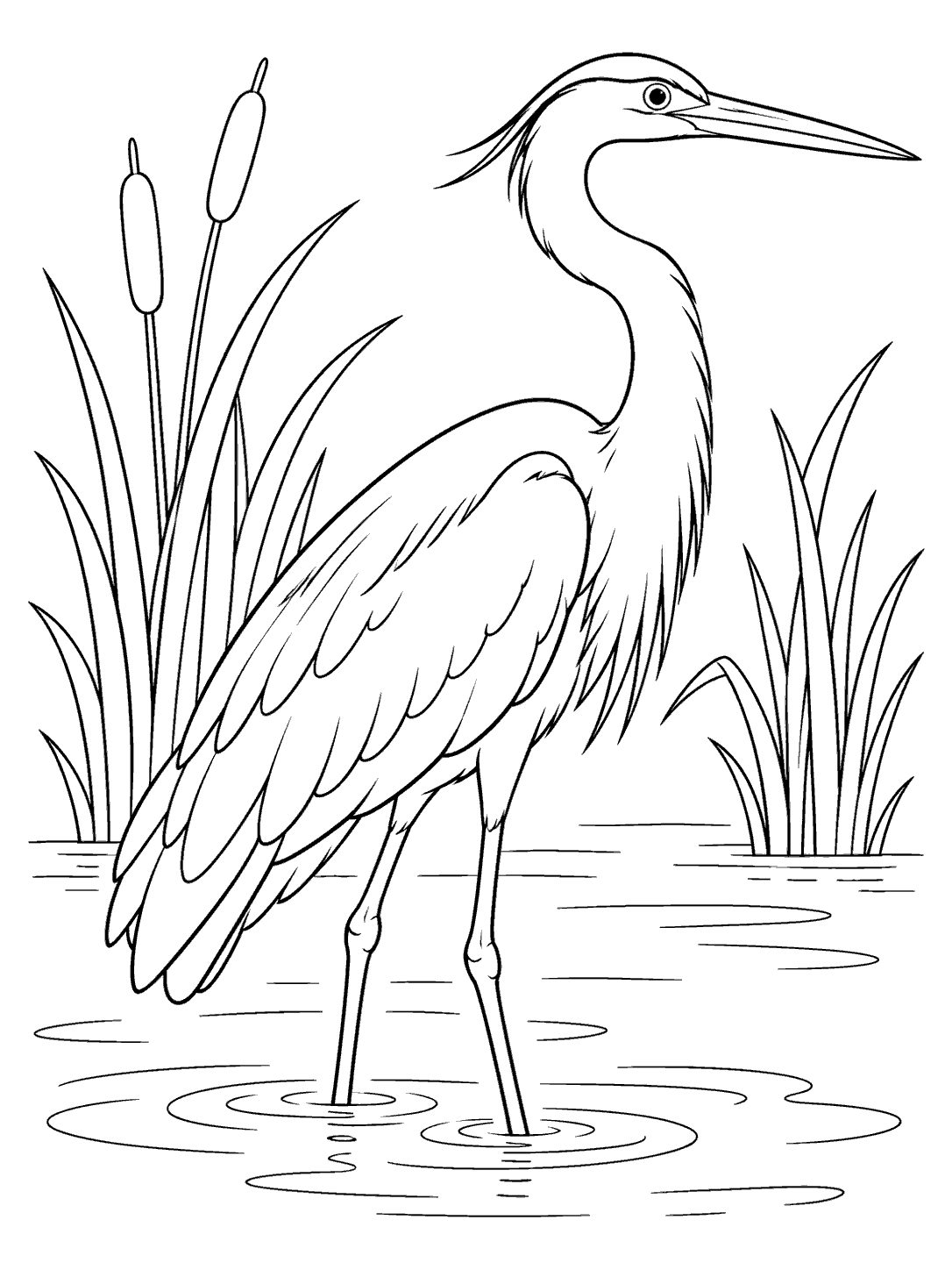 Pond coloring page with a long-necked heron standing in shallow water among reeds