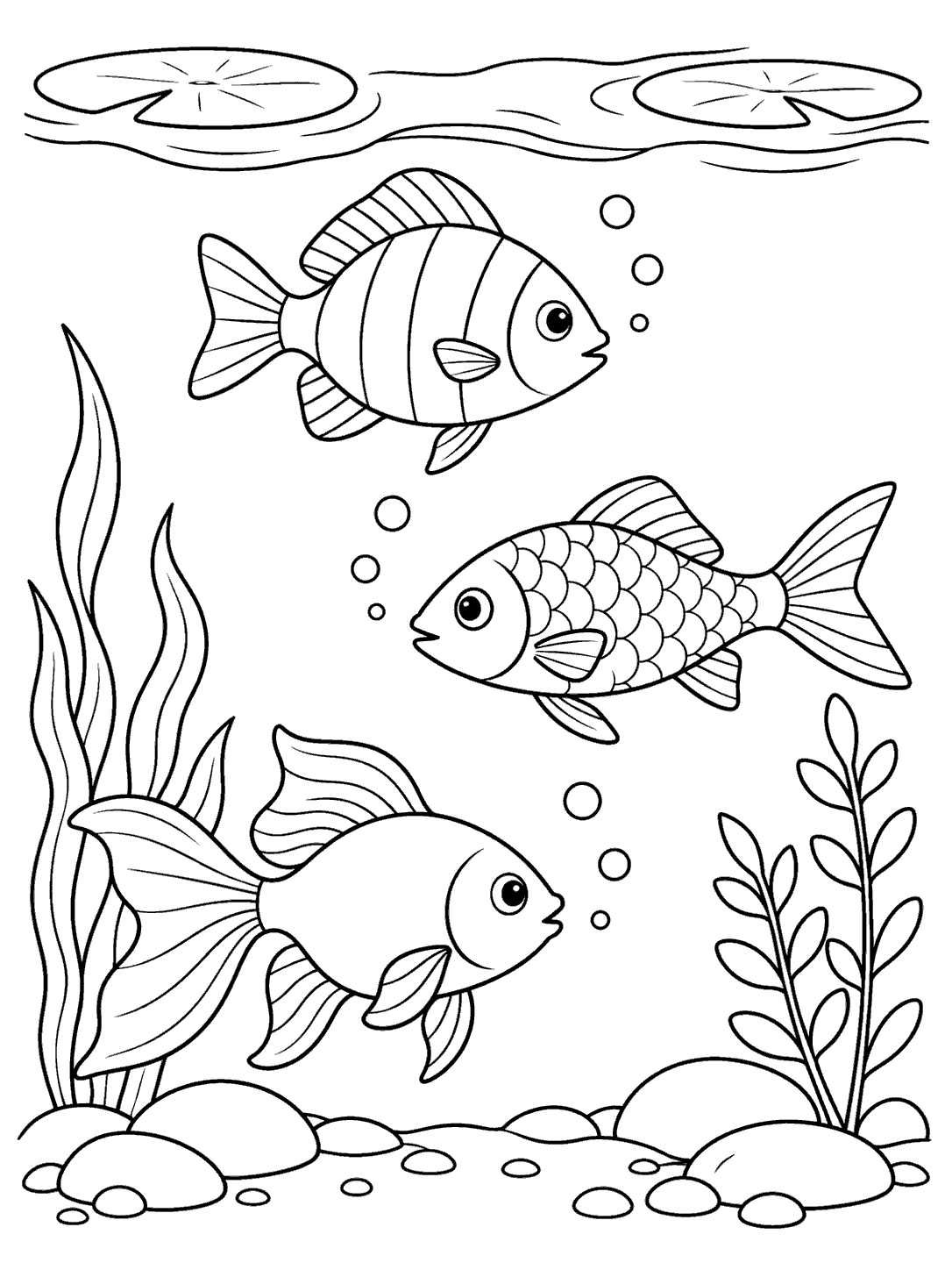 Printable pond coloring page with three distinct outlined fish, bubbles, lily pads, plants, and stones.