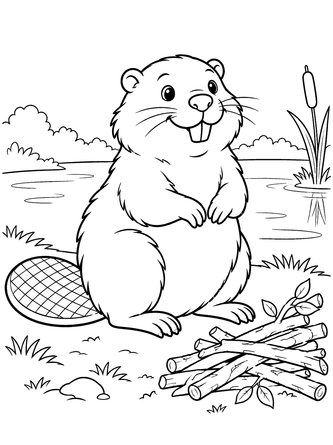 Portrait black-outline coloring page of an upright beaver with a flat tail beside branches, with pond water and a reed behind it.