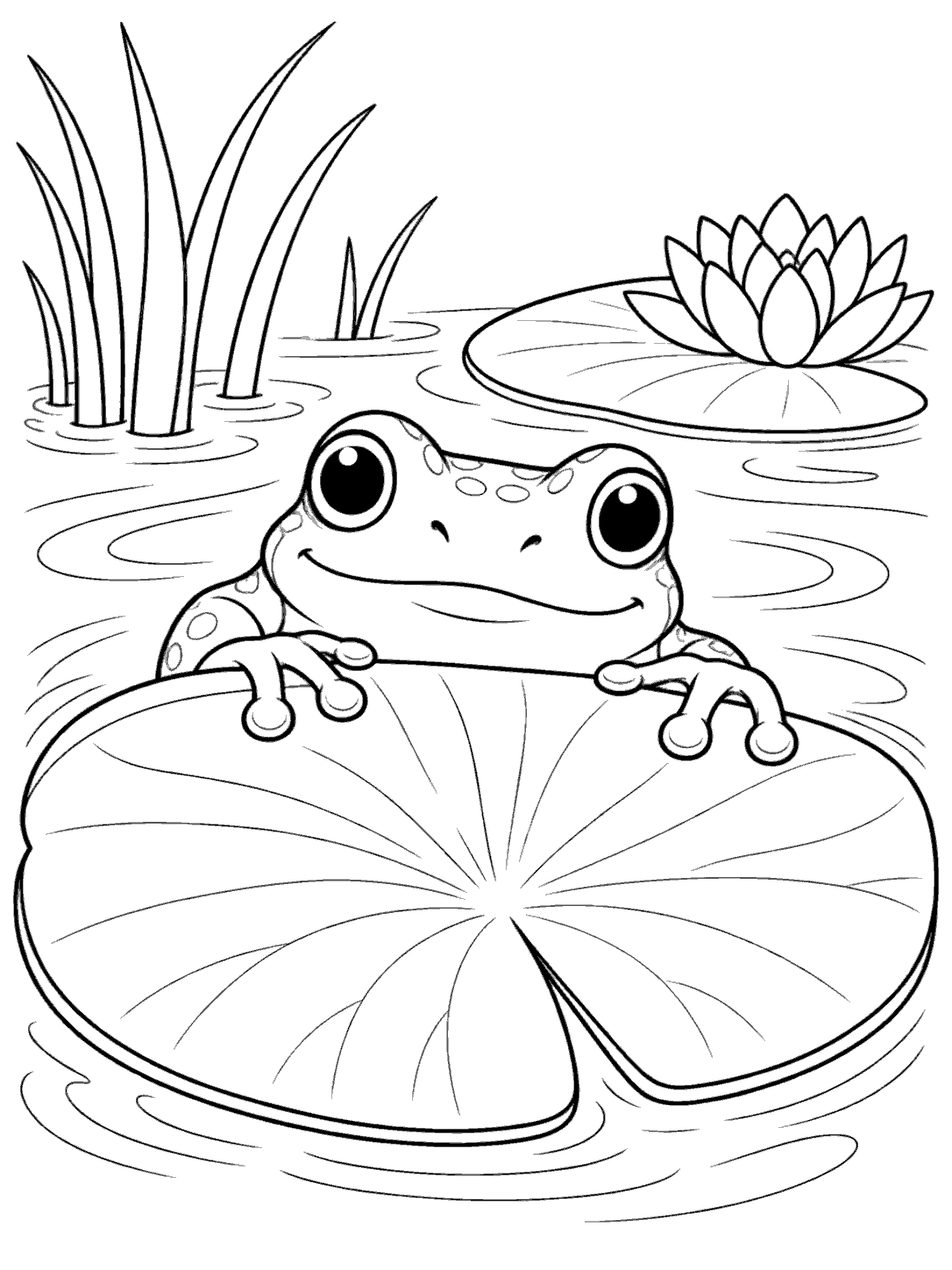 Pond coloring page showing a friendly frog peeking over a large lily pad, with a second pad and water ripples behind it.