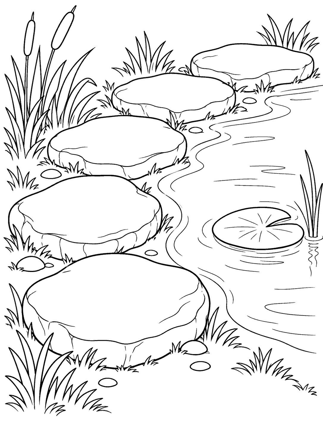 Black-outline pond coloring page with five large stepping stones, grass tufts, and one lily pad.