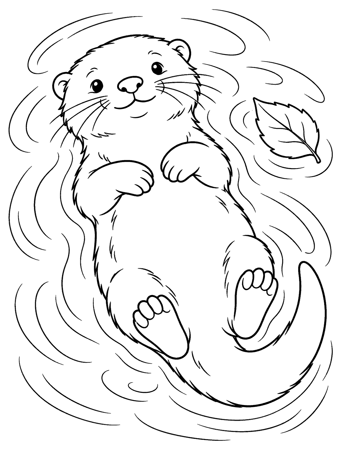 Black-outline coloring page showing an otter floating on its back with paws on its belly, a curved tail, water ripples, and one leaf.