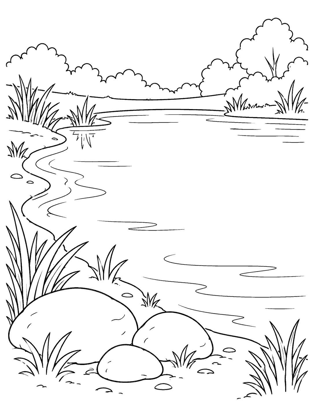Pond coloring page with a curved shore, grasses, three rounded stones, and open water