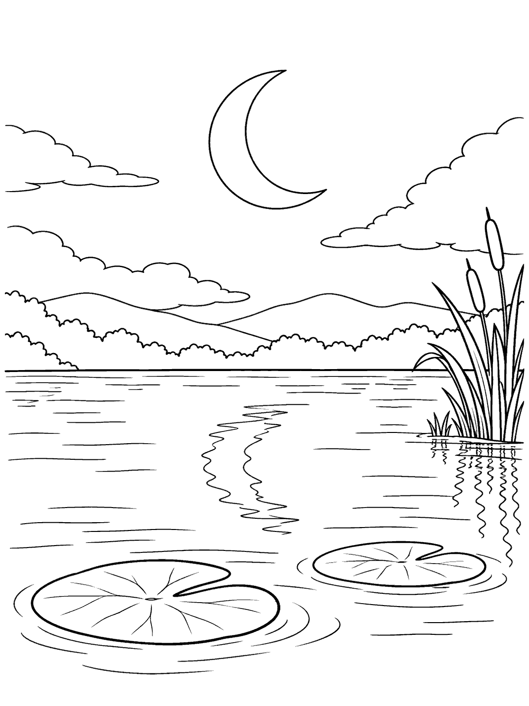 Black-outline pond coloring page with a crescent moon, its reflection, two lily pads, reeds, clouds, and distant hills.