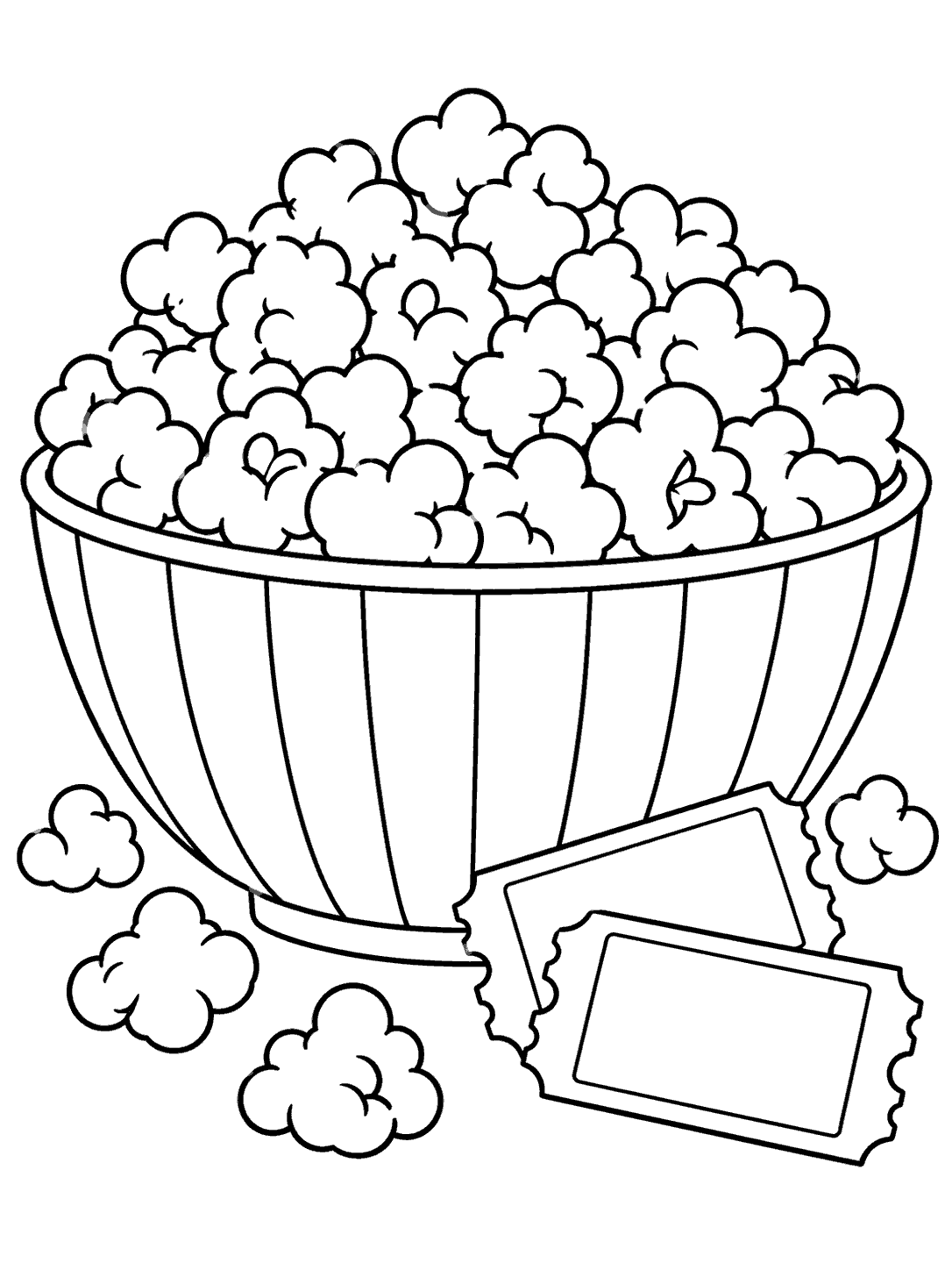 Black-outline coloring page of a full popcorn bowl and two blank movie tickets.