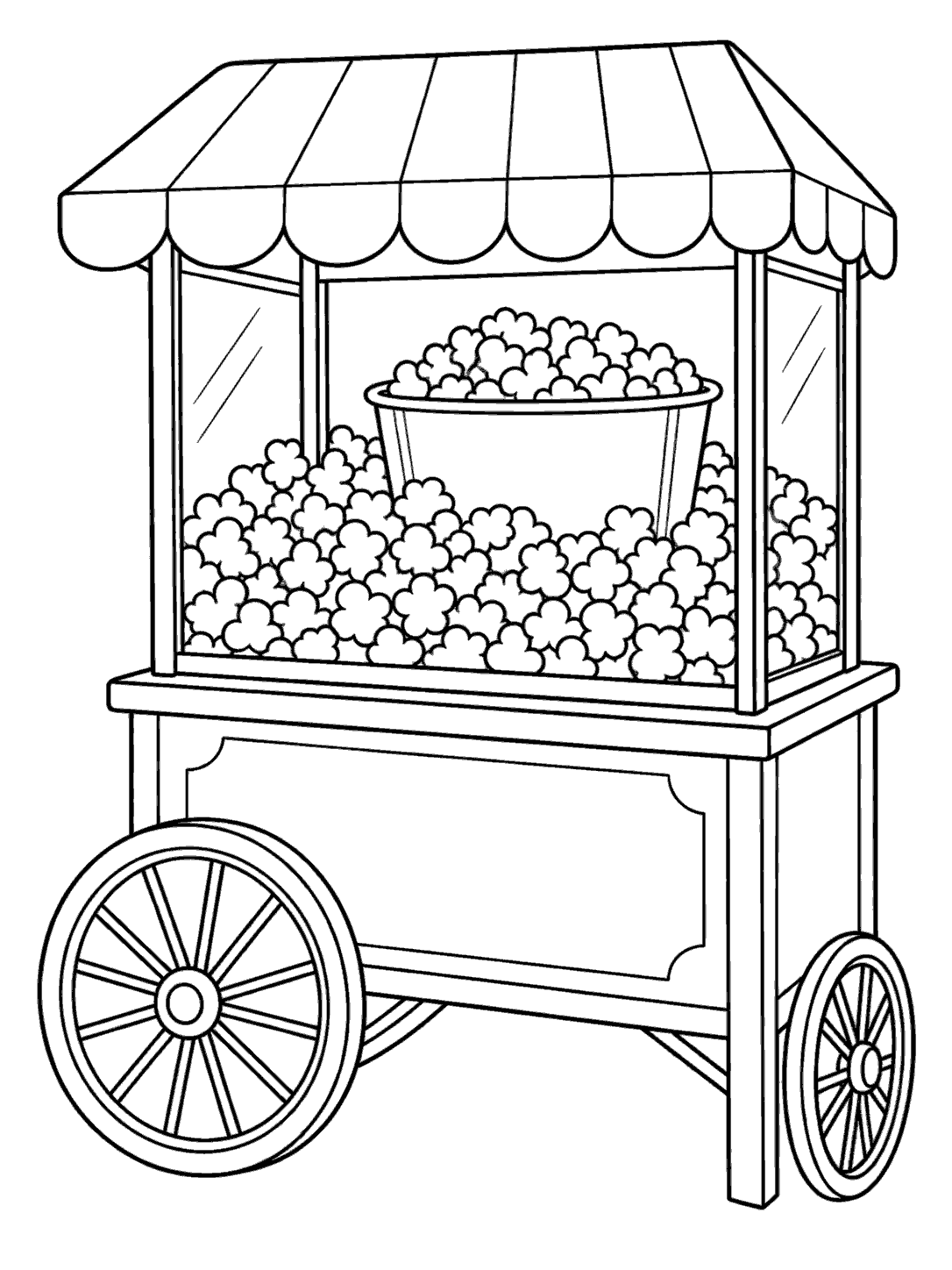 Black-outline popcorn cart coloring page with a tub of popcorn, glass-sided cabinet, canopy, and two wheels