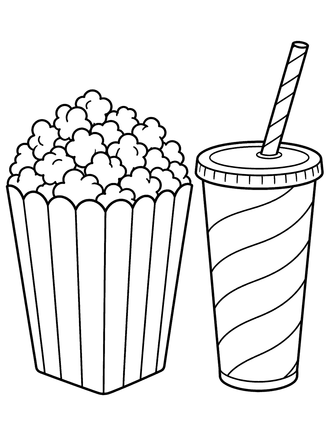 Black-outline coloring page showing a full striped popcorn tub and a tall lidded soda cup with a striped straw.