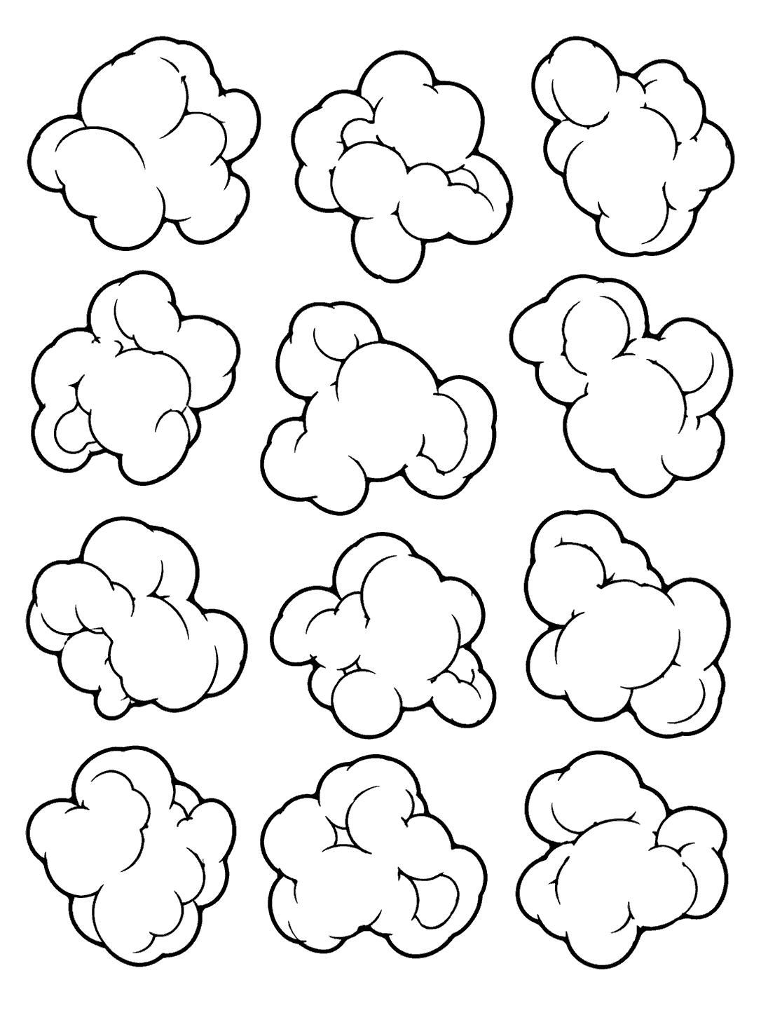 Twelve individually outlined popcorn clusters arranged in a loose pattern on a portrait coloring page.