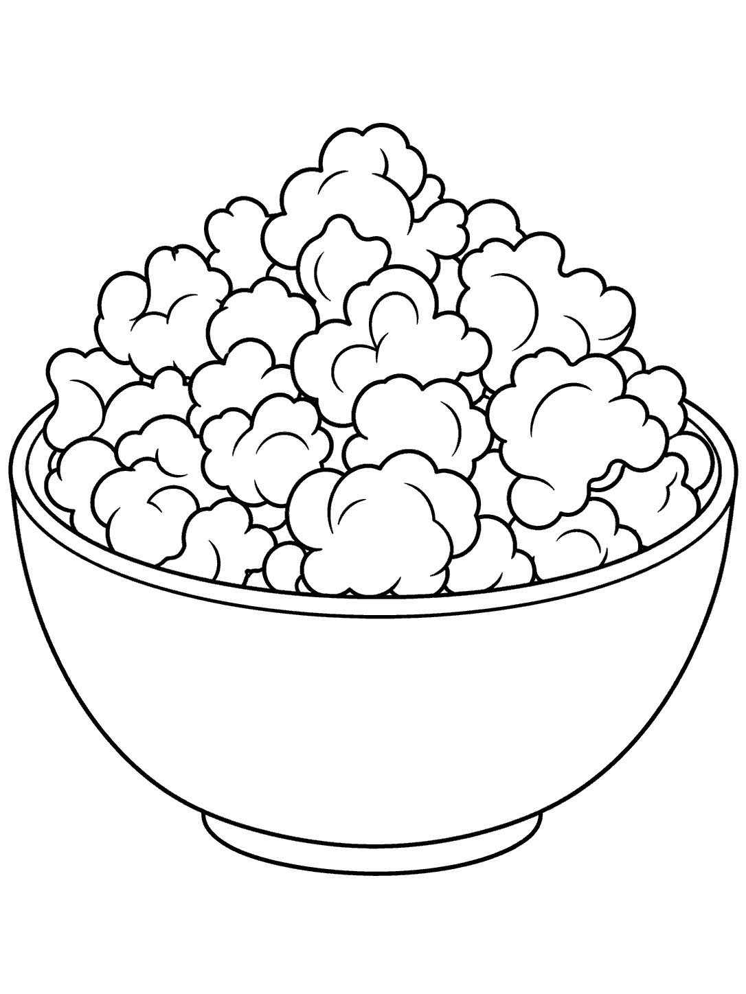 Black outline coloring page of a round bowl piled high with popcorn.