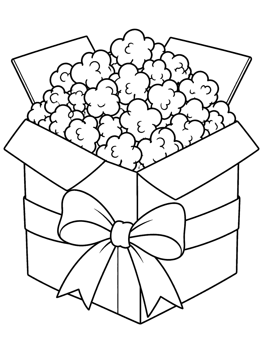 Popcorn coloring page with a full mound of popcorn in an open gift box tied with a broad ribbon bow.