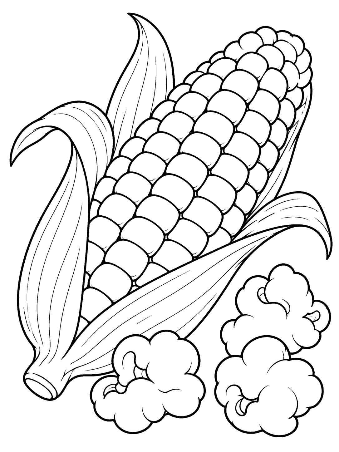 Popcorn cob with folded husks and three loose popcorn pieces coloring page