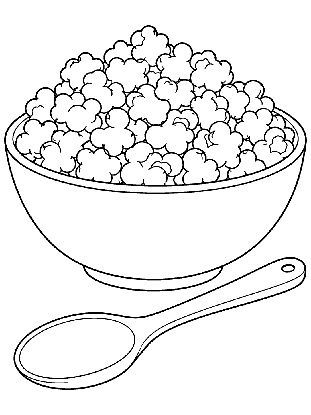Black-outline coloring page of a wide popcorn bowl and a large diagonal serving spoon on white.