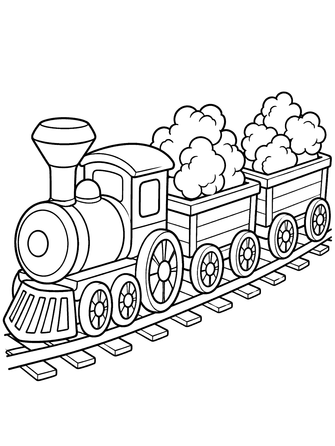 Black-outline toy train carrying popcorn clusters in two open wagons on a track, coloring page.
