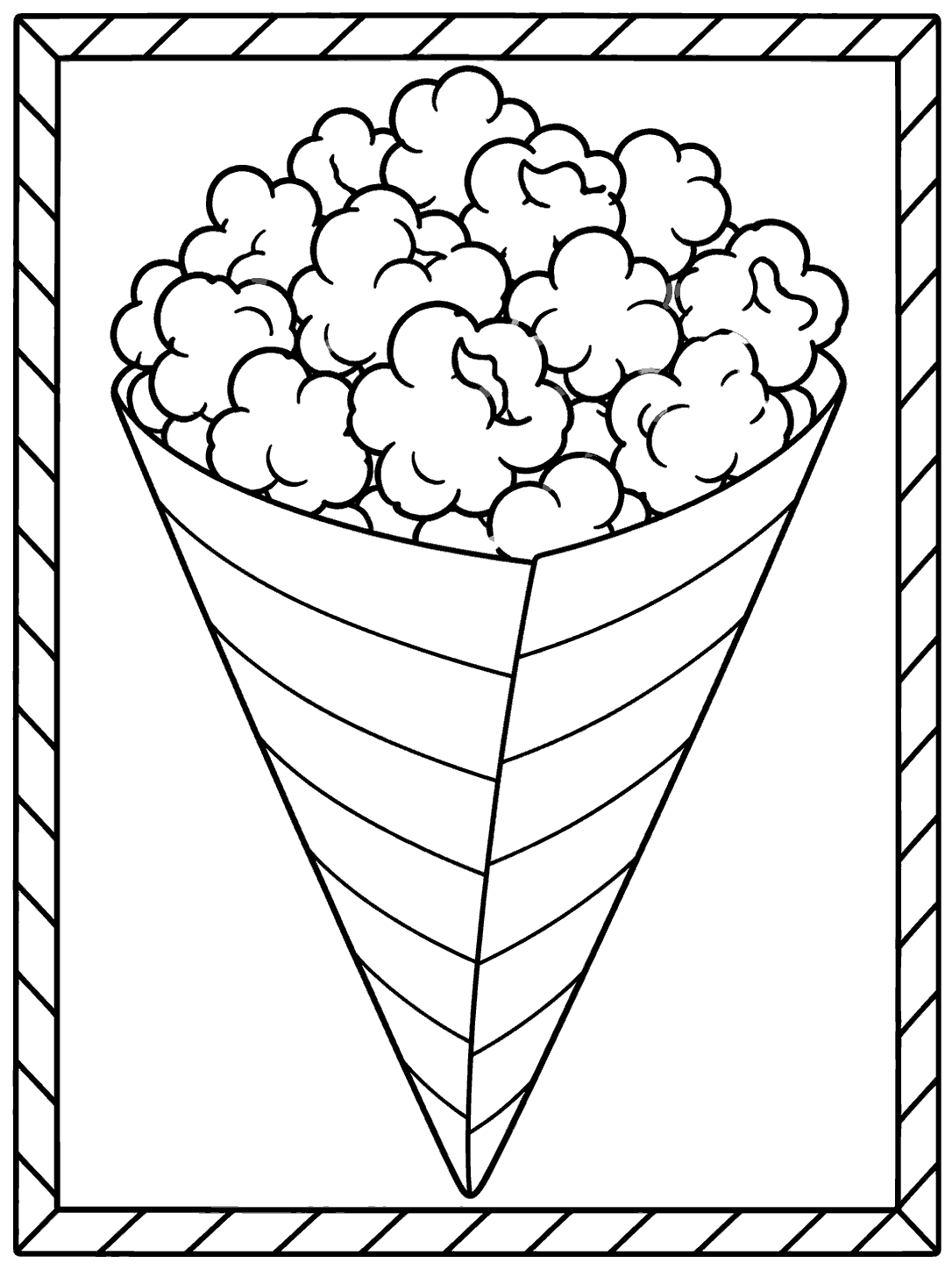 Black-outline coloring page of a large striped paper cone filled with popcorn inside a broad striped border.