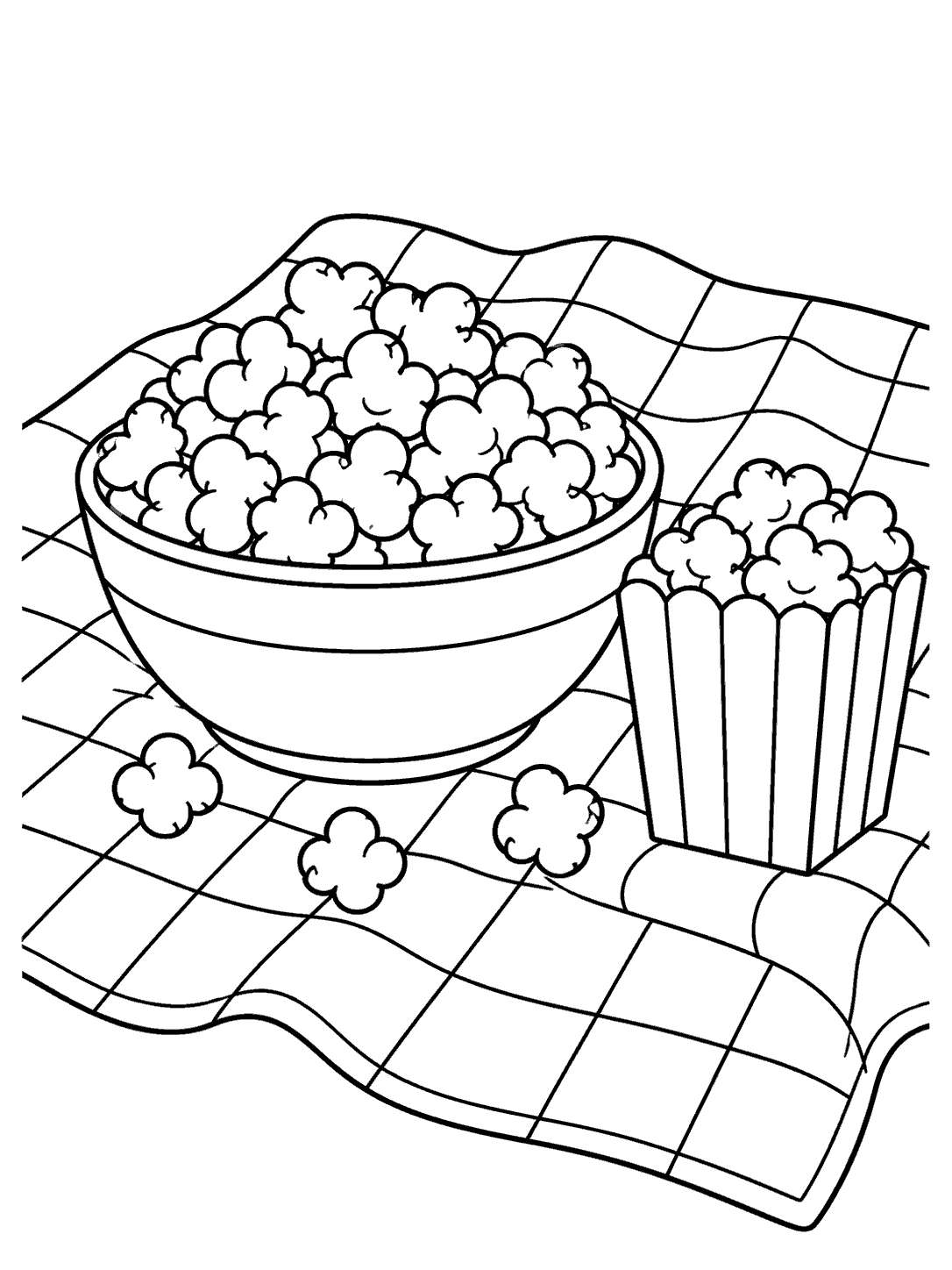 Black-outline coloring page of a bowl and small tub of popcorn on a checkered picnic blanket, with a few loose kernels.
