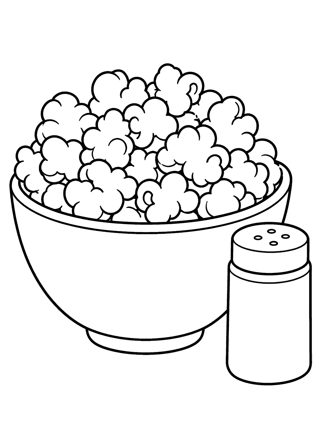 Black-outline coloring page showing a bowl piled with popcorn beside a cylindrical seasoning shaker with four large holes in its cap.