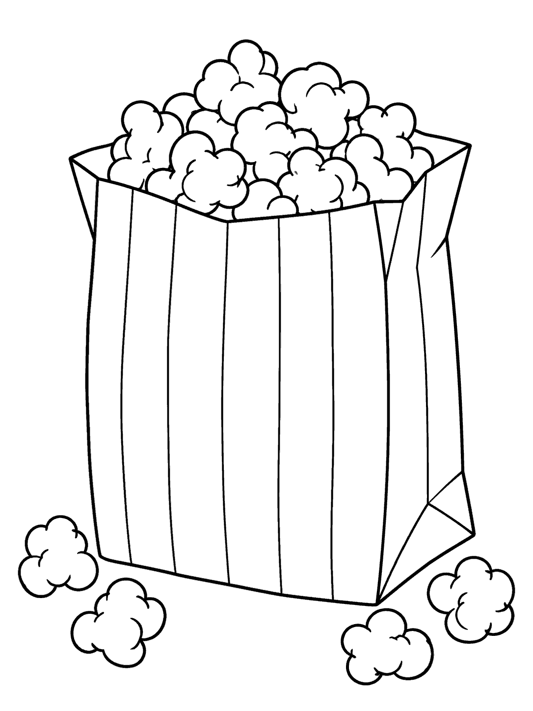 Black-outline coloring page showing an open striped paper snack bag filled with popcorn and four spilled pieces, all within the page margins.