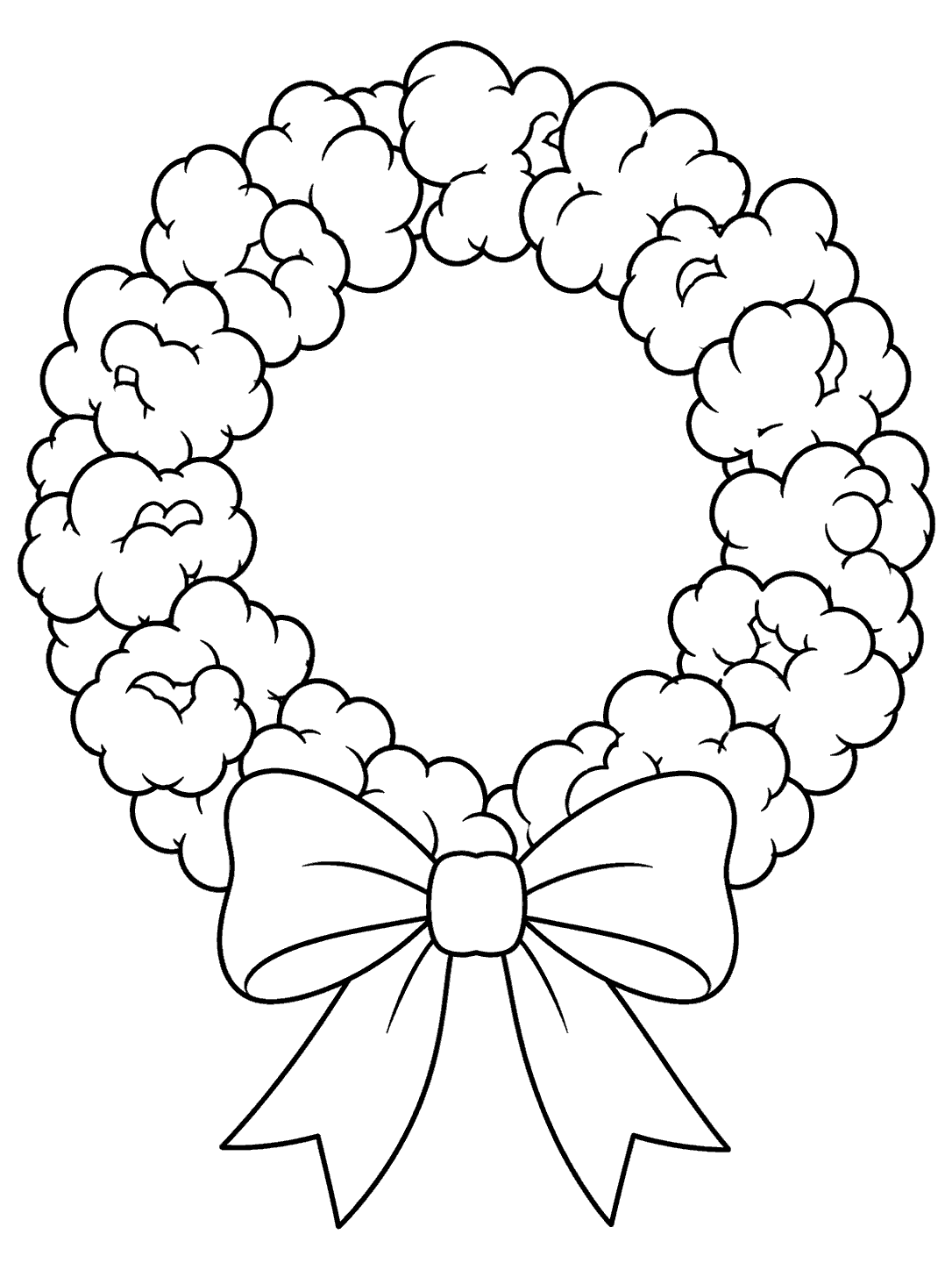 Black-outline popcorn wreath with a clear center and a broad bow at the bottom, arranged as a portrait coloring page.