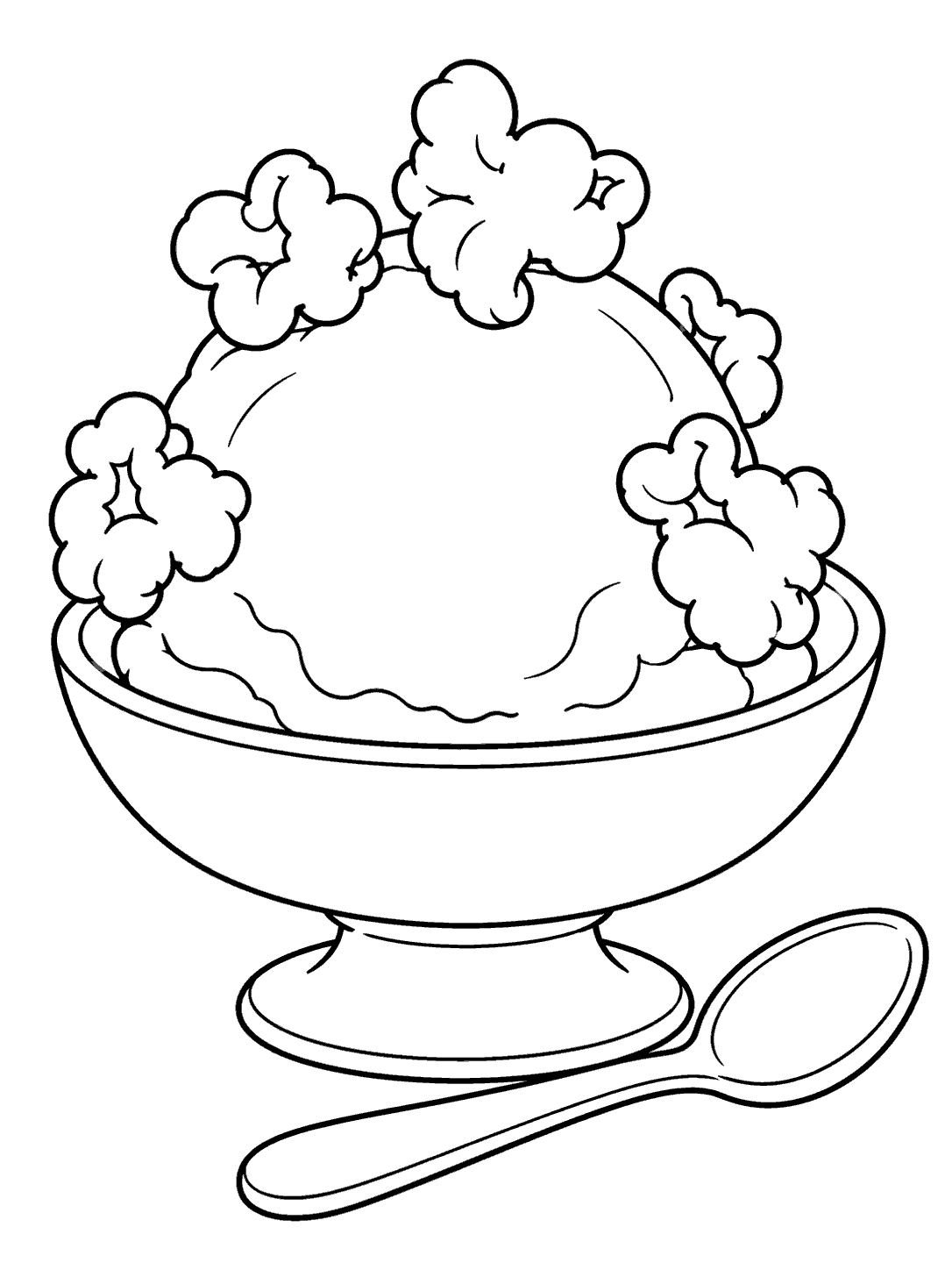 Black-outline coloring page of a scoop of ice cream topped with popcorn in a shallow dessert dish, with a spoon beside it.
