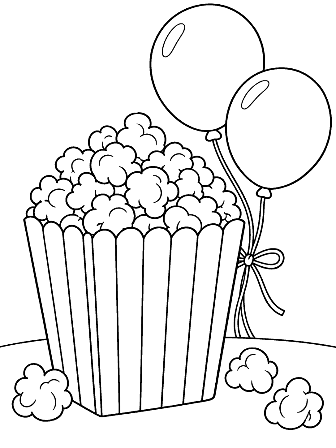 Black-outline popcorn tub filled with popcorn, two balloons tied beside it, and loose popcorn pieces on a tabletop.