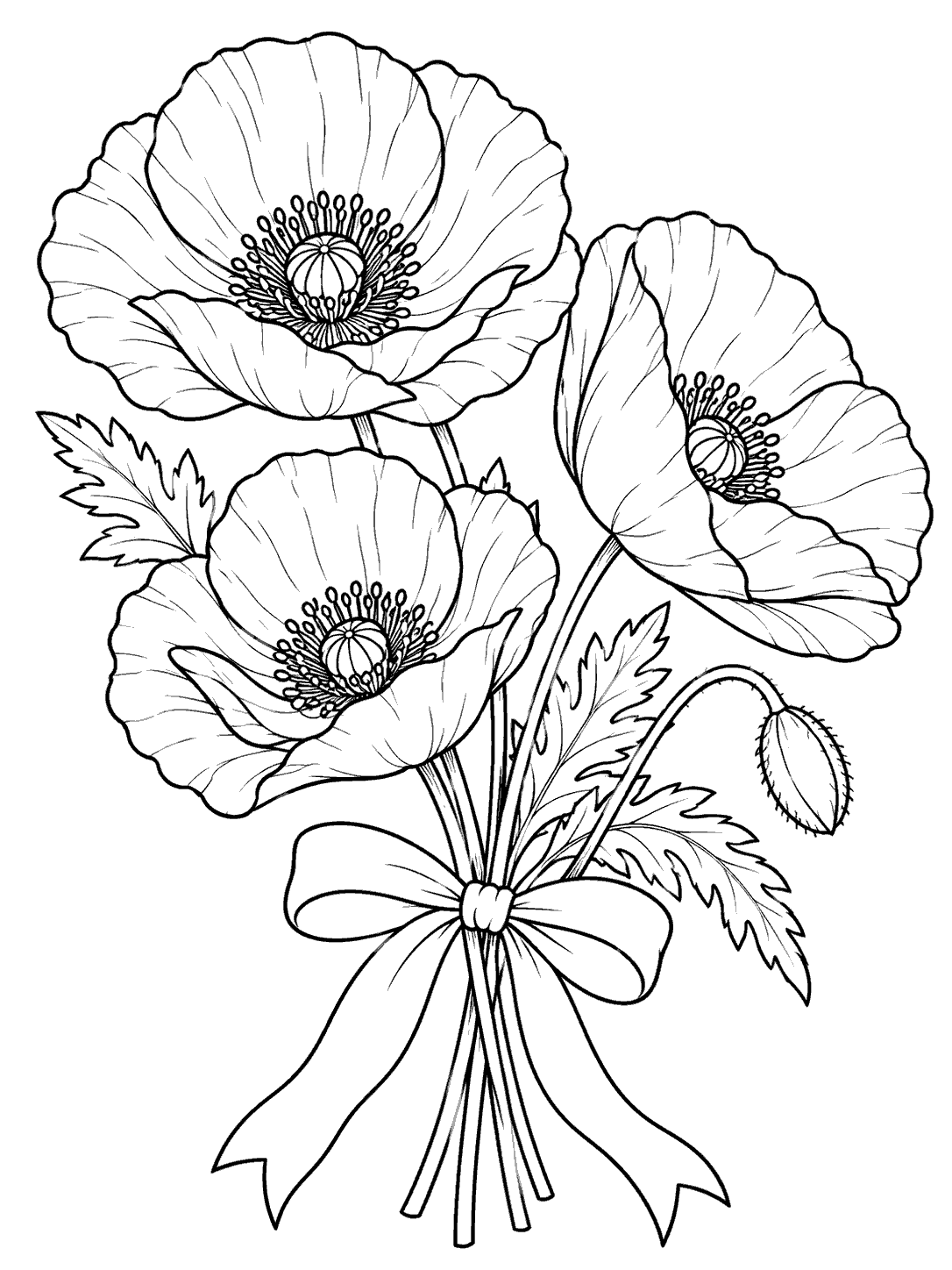 Printable black-and-white coloring page showing three poppies with leaves and stems gathered by a ribbon.