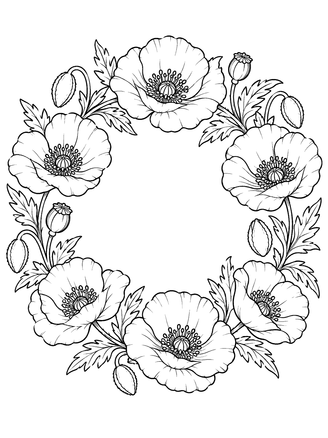 Black line art coloring page of a circular wreath with six open poppies, buds, and leaves surrounding a blank center.