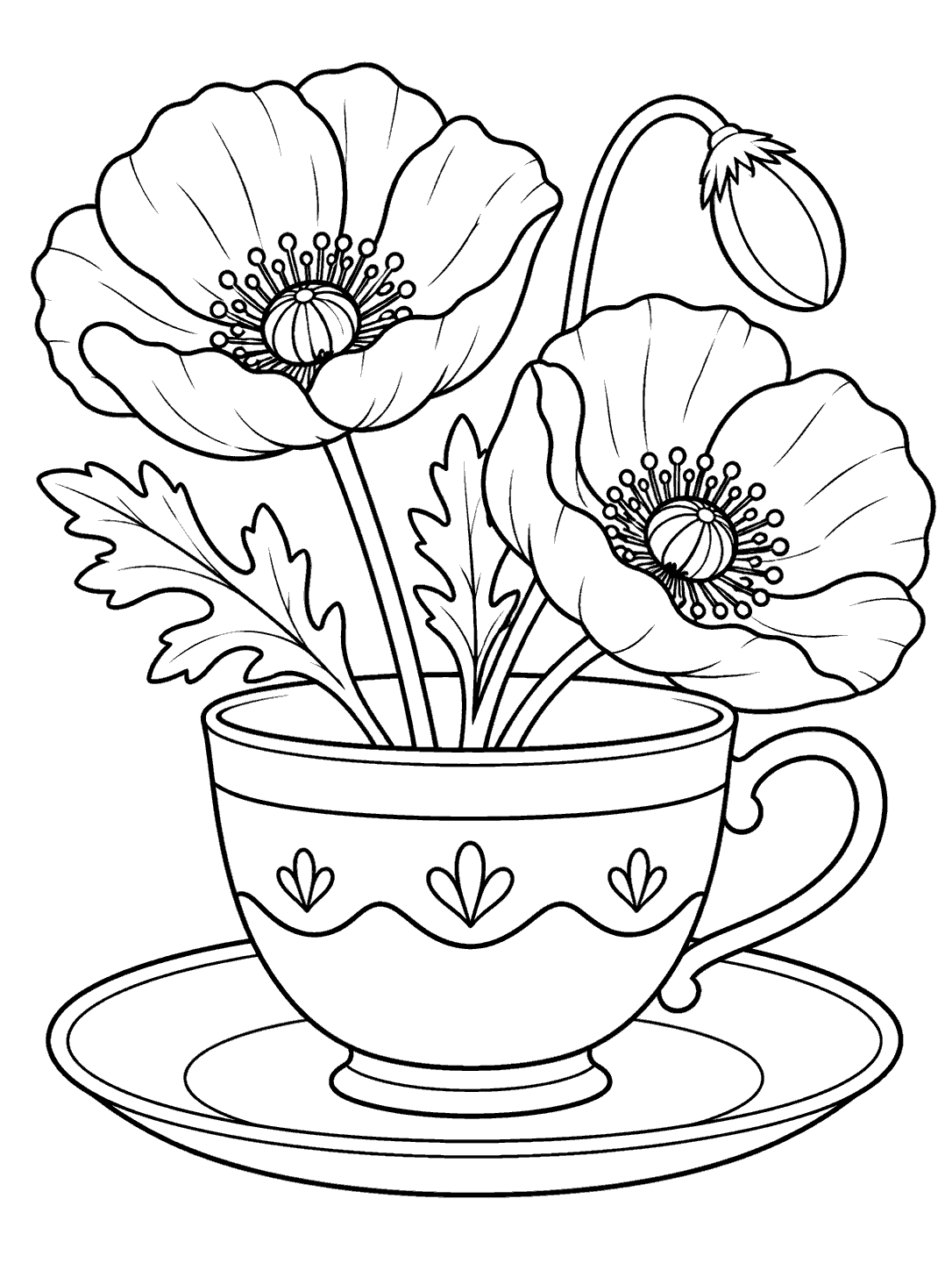 Black-and-white printable coloring page showing two open poppies and a bud in a patterned teacup on a saucer.