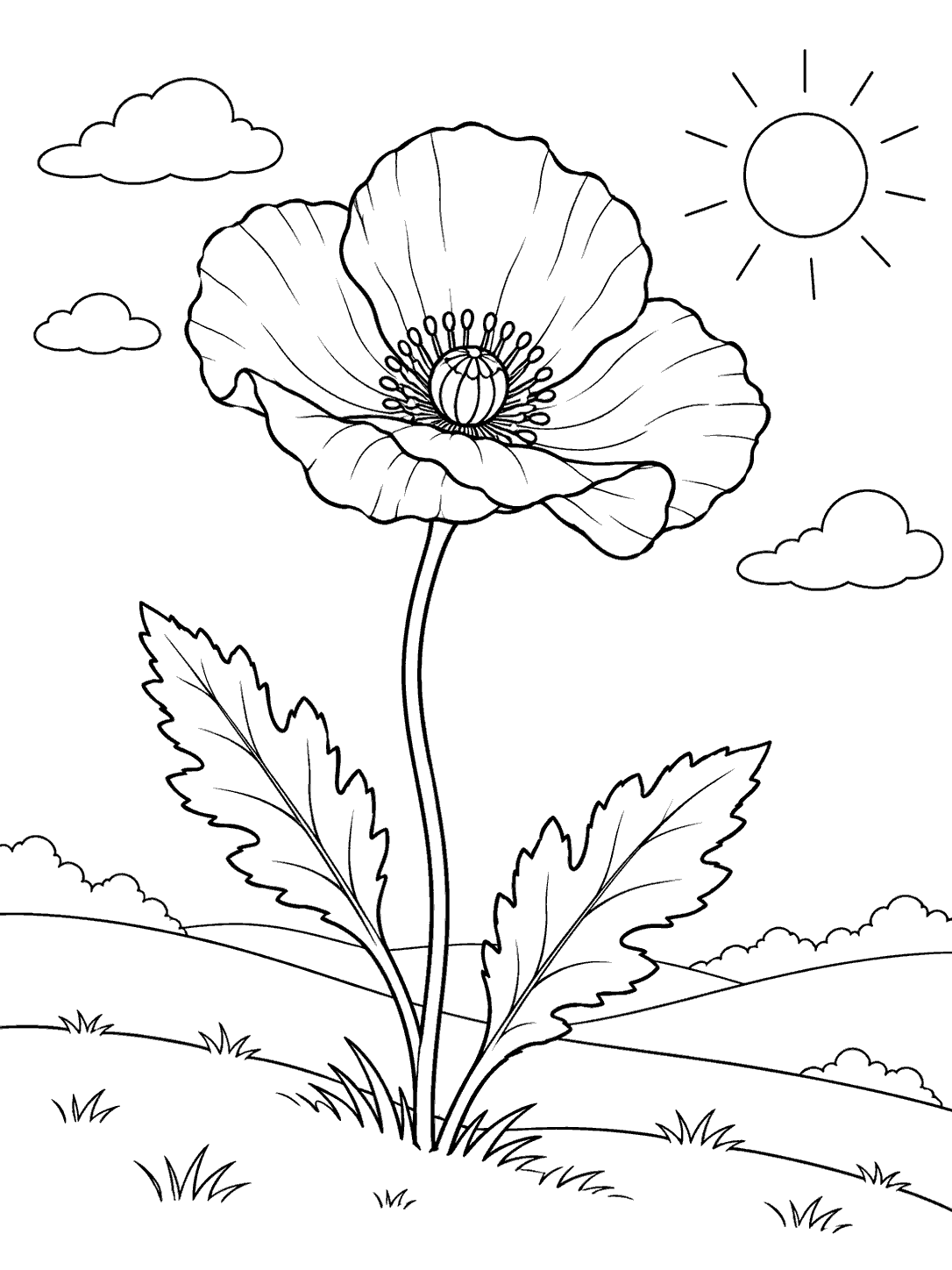 Black-and-white poppy coloring page with one large open flower, two leaves, a distant sun, sparse clouds, and rolling hills.