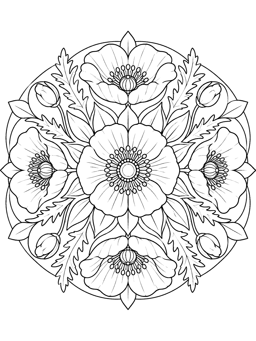 Printable poppy mandala coloring page with four large blossoms, smaller buds, and leafy details arranged symmetrically.