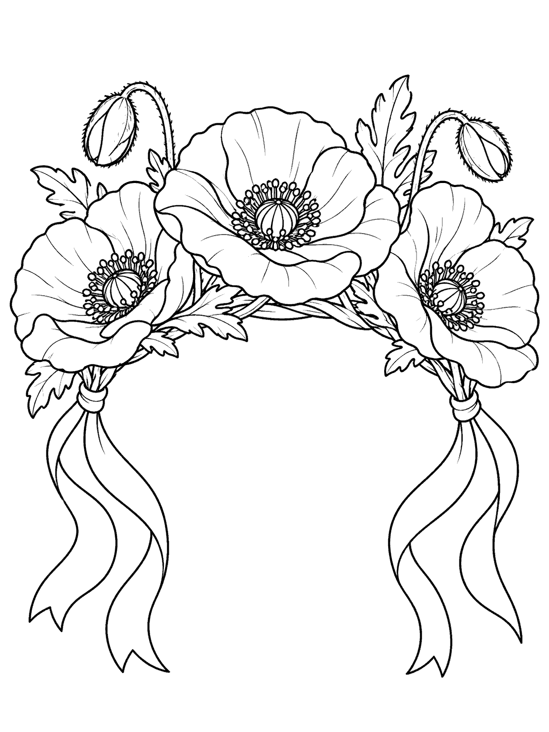 Black outline coloring page of a curved crown with three large poppy blooms, two buds, leaves, and long ribbon ends on a white background.