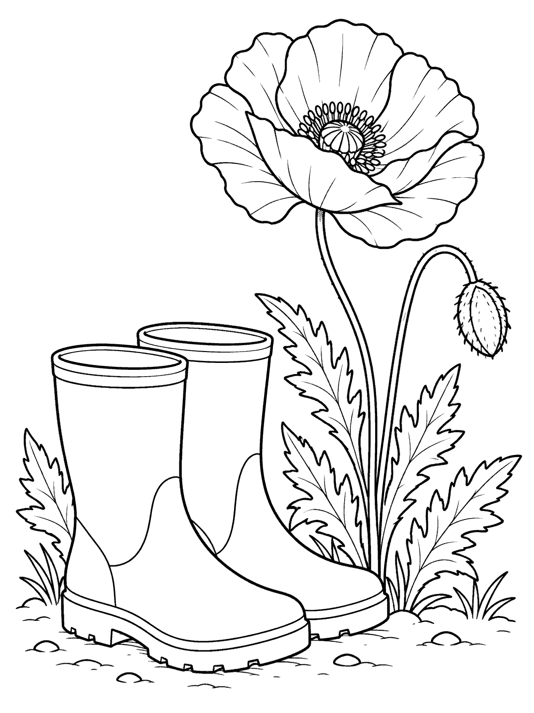 Printable coloring page with two garden boots beside a tall blooming poppy, leaves, and a simple ground line.