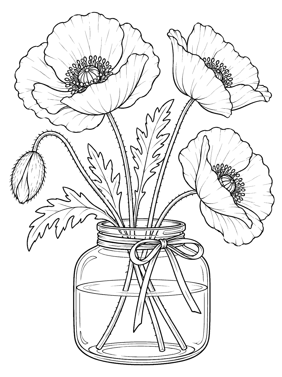 Black outline coloring page of four poppy stems and one bud arranged in a bow-tied glass jar.