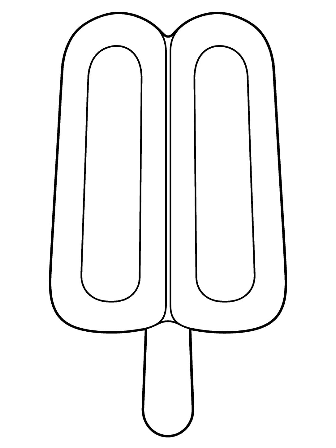 Twin popsicle coloring page with two rounded halves and one centered stick.